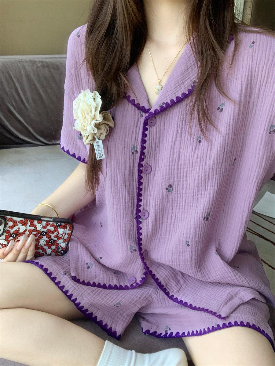 

Japanese pajamas women s summer new cloud cotton simple tulip short-sleeved shorts casual girl loungewear set M