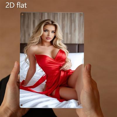 Vintage Metal Wall Art Retro Blonde Lady In Red Dress Thick Iron Plate Pre-Drilled Home Office Bar Decor 7.87x11.8in Gift