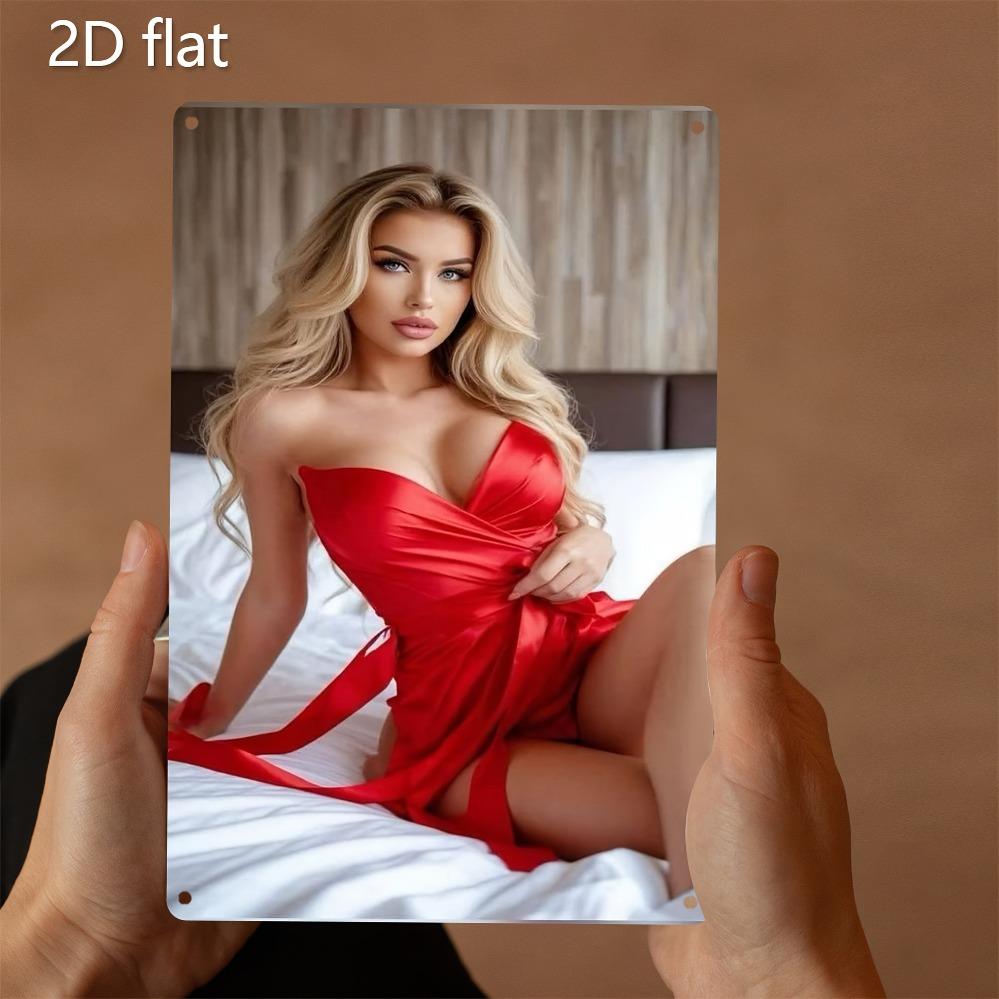 Vintage Metallwandkunst Retro Blonde Dame im Roten Kleid Dicke Eisenplatte Vorgebohrt Heim Büro Bar Dekor 7,87x11,8 Zoll Geschenk
