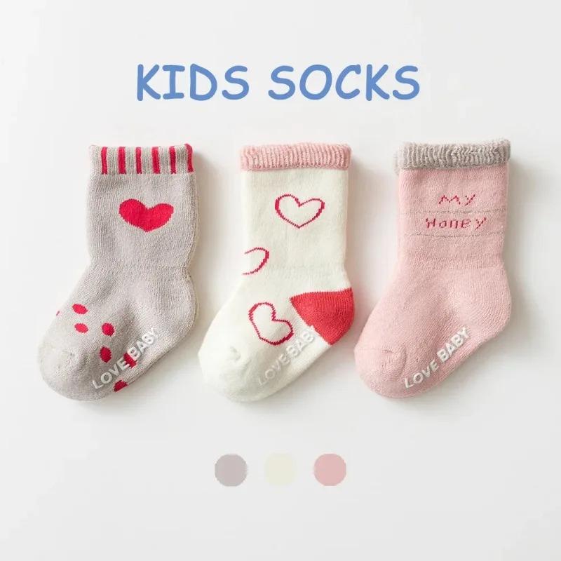 3 paia di calzini per bambini piccoli, per neonati, pre-camminati, invernali, spessi, in spugna di cotone, per bambine, autunnali, antiscivolo, carini, da 0 a 5 anni