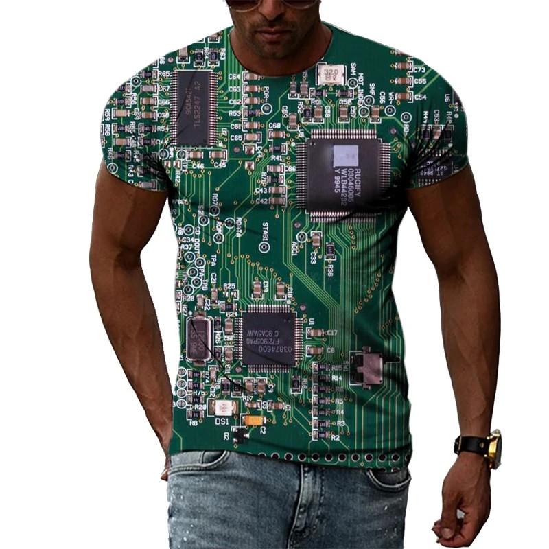 Summer Round Neck 3D Circuit Board Print T-shirts Fashionable Casual Short Sleeved Men's T-shirts