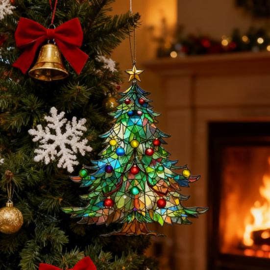 Yousheng Acrylic Suncatcher Christmas Ornaments Stained Glass Effect 2D Flat Train/Christmas Tree/Santa Claus Window Hanging Decoration for Holiday