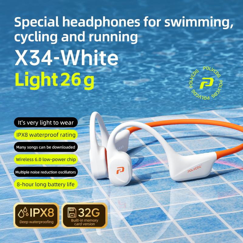 

POLVCDG x34 Bone Conduction Swimming Earphones Silicone Head 32GB Memory IPX8 Waterproof 26g Sports Climbing Earphones
