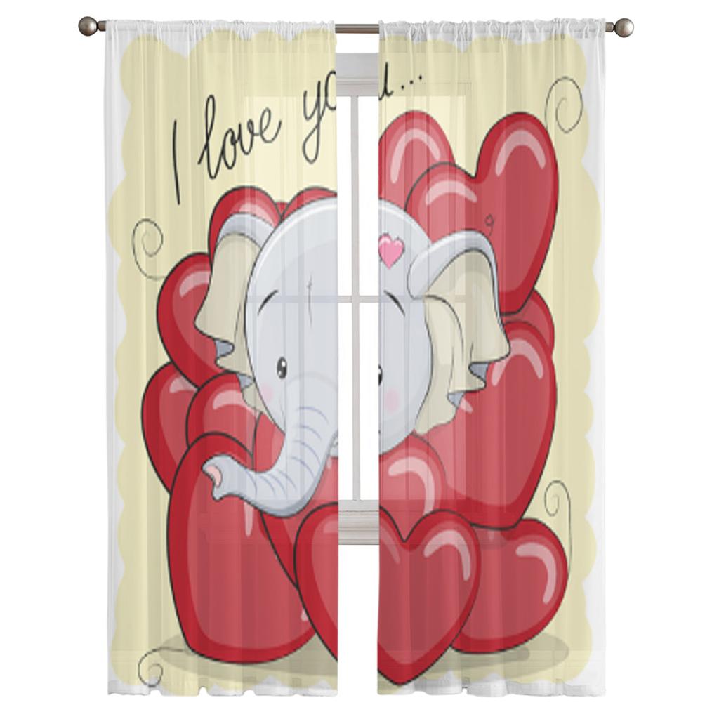 Niedliche Cartoon-Elefanten und Herzen Tüllvorhänge zur Wohnzimmerdekoration Moderne Schleier Chiffonvorhänge Schlafzimmer Transparent Voile