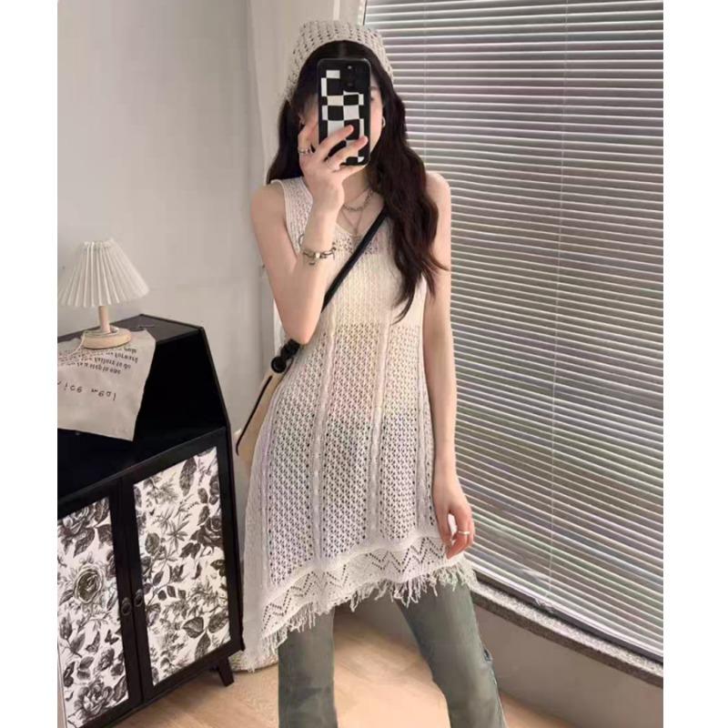 New V-neck Fringed Knitted Sleeveless Dress 2025 Fall Women's Fashion Loose Hollow Long Blouse Vest Casual Knit Tanks Top Tassel Hollow Thin Blouse