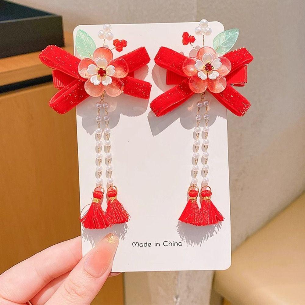 Chinese Style Red Bow Barrettes Hanfu Headwear Ancient Style Hair Clips  Kids