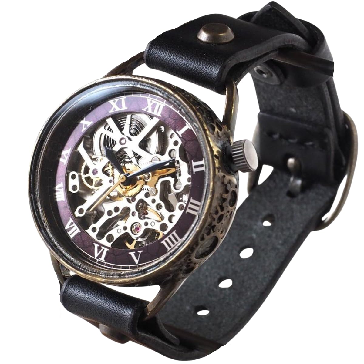 

KINO Handmade Watch Automatic Winding Skeleton Back Mechanic Silver Black Handmade Watch