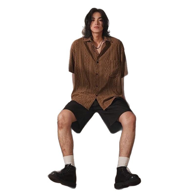 Retro Hollow Out Short Sleeve Shirt for Men, Summer Loose Lazy Style Casual Shirt, Breathable Mesh Design