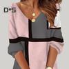 Women Autumn Winter Casual Dress V Neck Long Sleeve Geometric Contrast Color Print Oversized Vacation Dress Streetwear