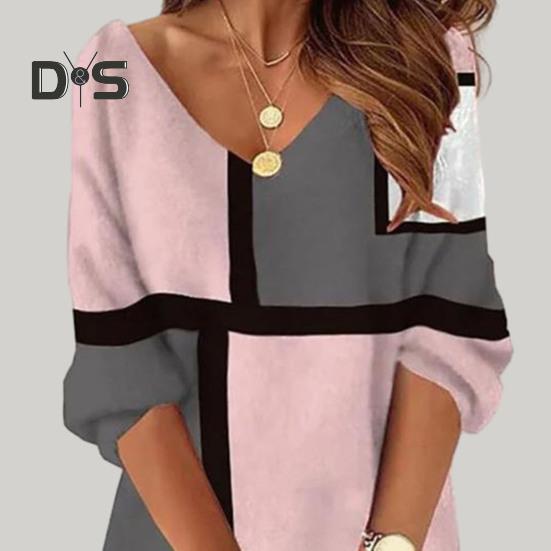 Women Autumn Winter Casual Dress V Neck Long Sleeve Geometric Contrast Color Print Oversized Vacation Dress Streetwear