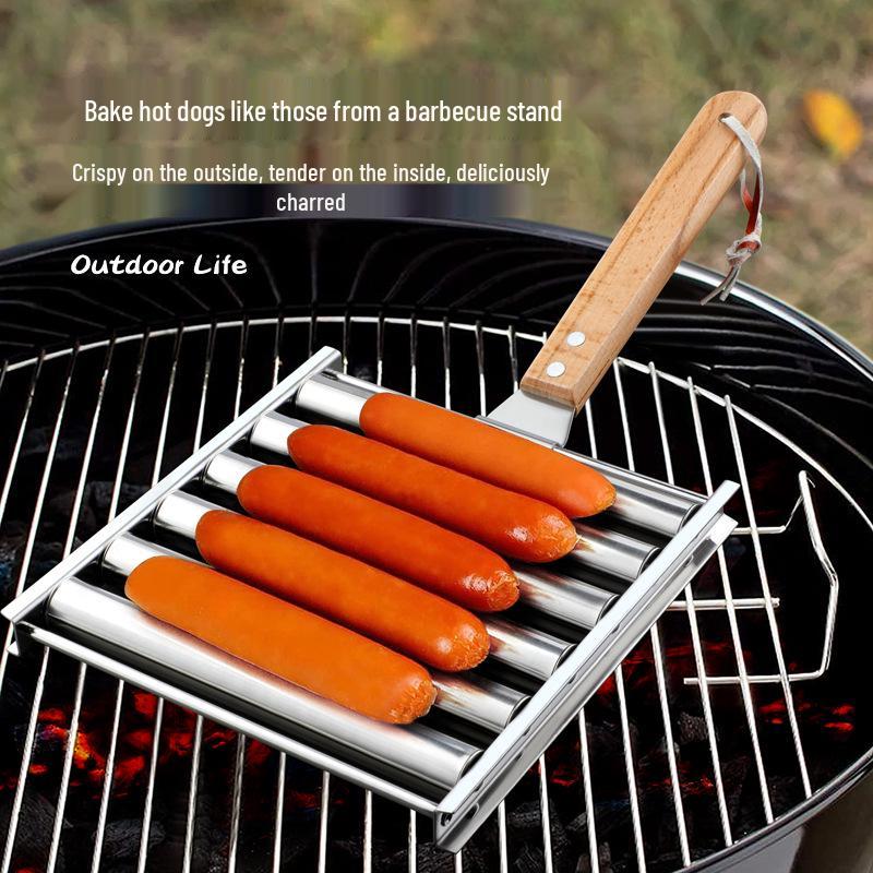 Stainless Steel Portable Detachable Hot Dog & Sausage Grilling Rack Set with Food Clip Fork.