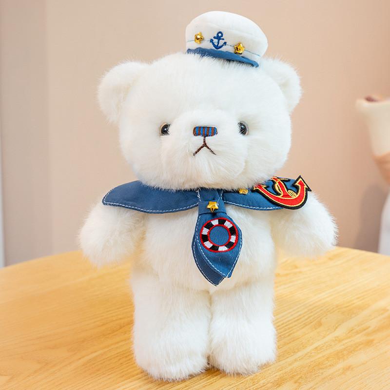 Plush Navy Bear Toy With Captain Uniform Soft Stuffed Animal Decor Playroom