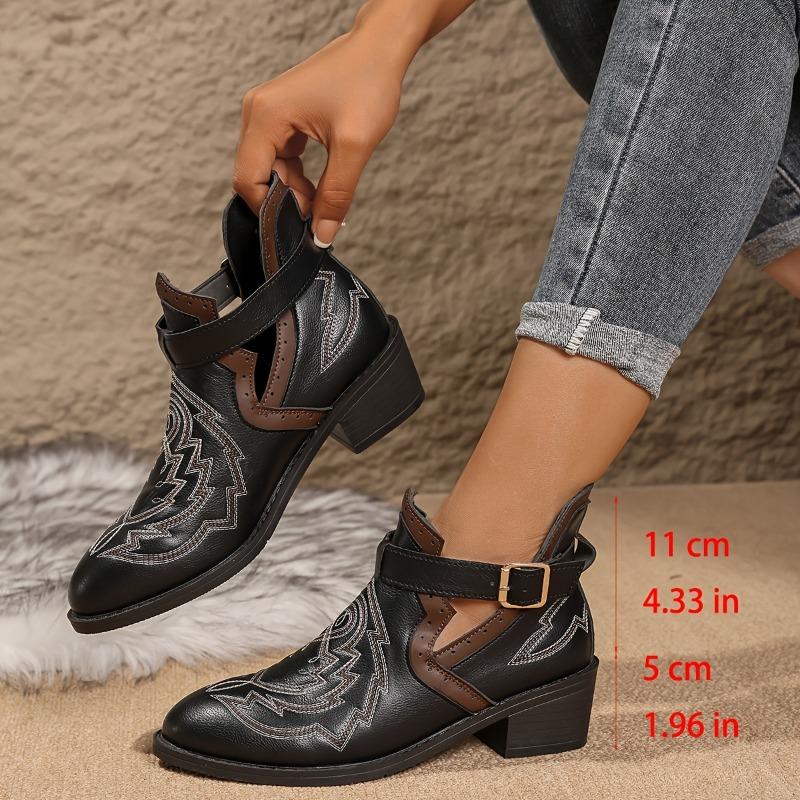 1 Pair Women'S Western Cowboy Boots - Chunky Mid-Heel Square Toe with Buckle Strap Closure, Black Synthetic Cover & Rubber Sole