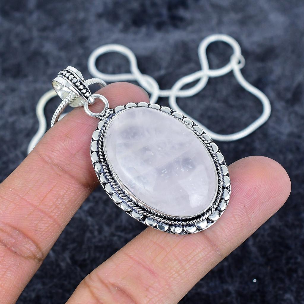 Rose Quartz Gemstone Handmade 925 Sterling Silver Jewelry Pendant 2.21" M-2978