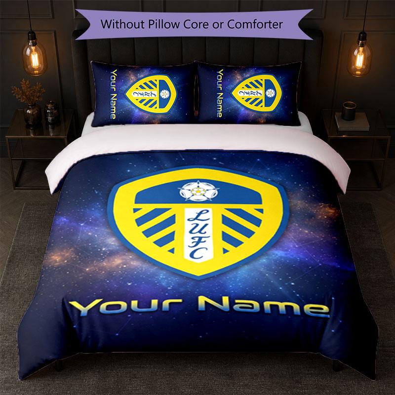 Conjunto de Roupa de Cama Leeds United com Nome Personalizado 1 Capa de Edredom + 2 Fronhas Logo de Futebol Presente Personalizado para Ocasião Especial Decoração de Quarto