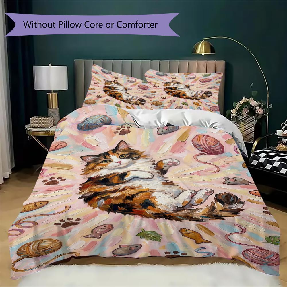 Cute kitten Pattern Bedding uilt Set uilt Cover Pillowcase Home Decoration Birthday Gift (1 * duvet cover + 2 * pillowcase without core)