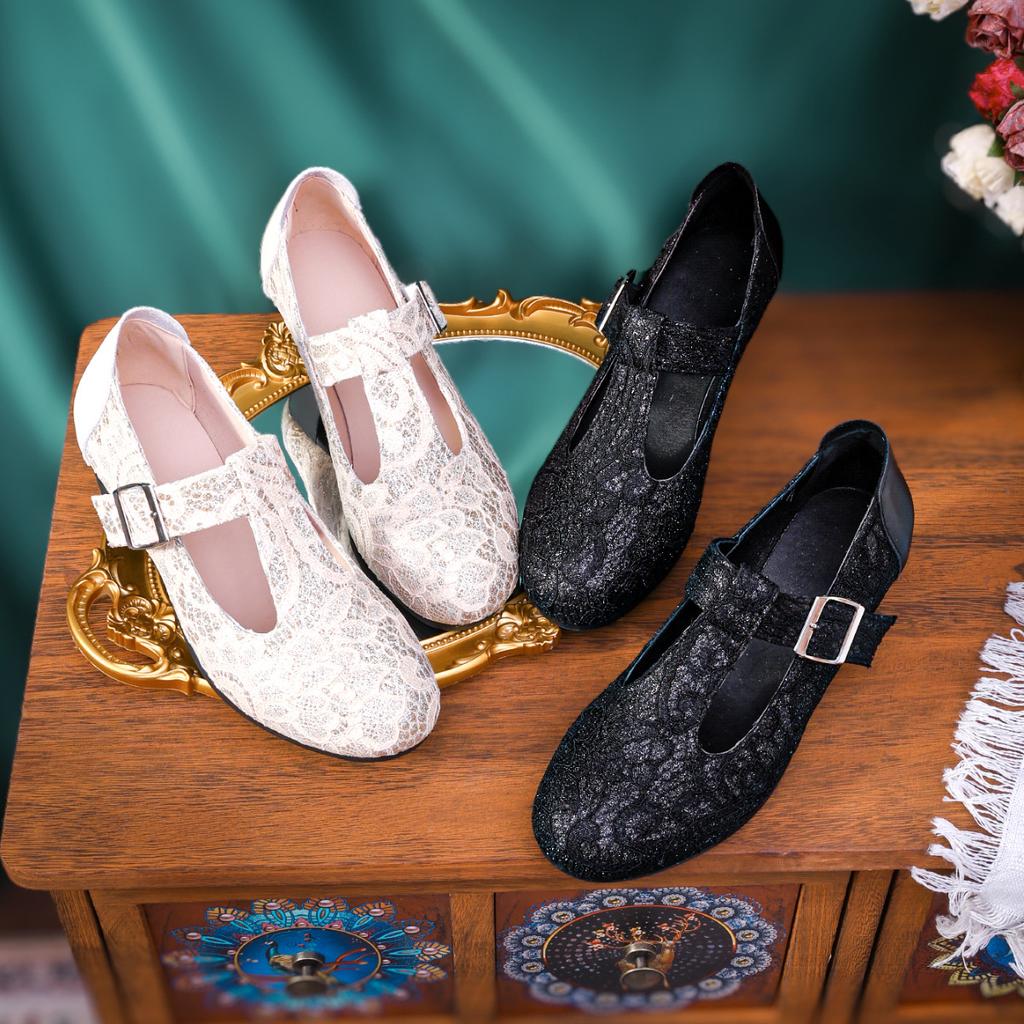 New Mary Jane Shoes Women's French Thick Heel Middle Heel One Word with Satin Light National Style Retro Light Mouth Single Shoes