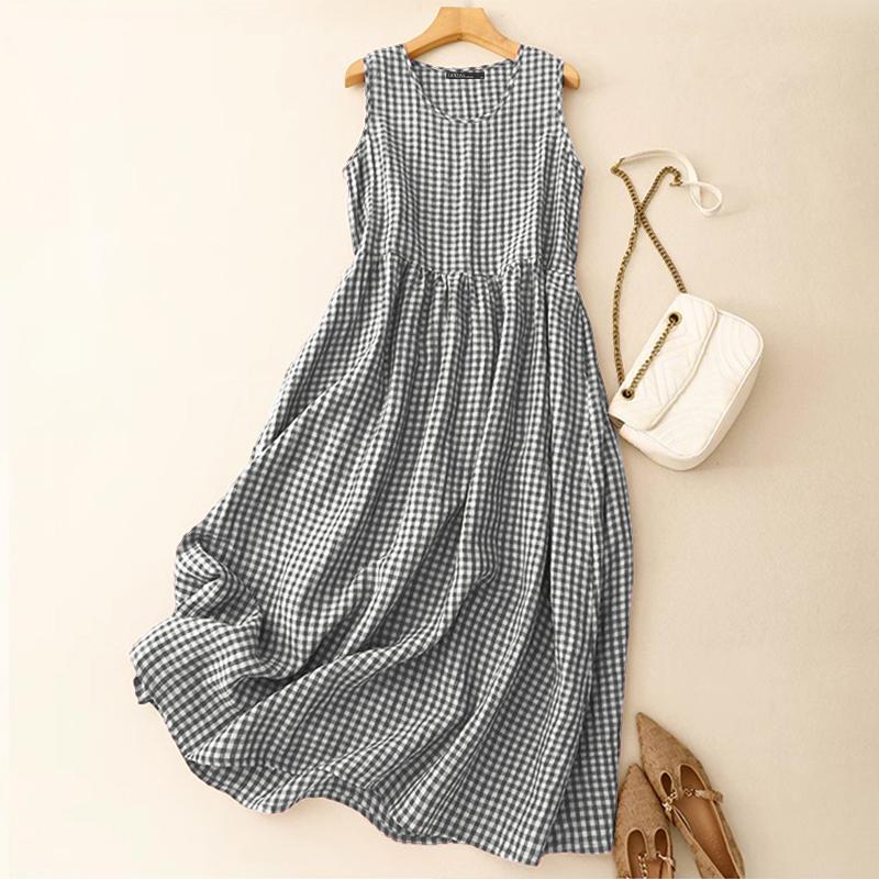 ZANZEA Rochie de vară casual pentru femei, cu gât rotund, fără mâneci, cu imprimeu carouri