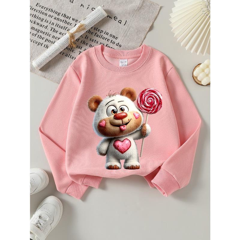 Adorable Crewneck Sweatshirt for Girls Featuring a Bear with a Lollipop Heart, Suitable for Machine Washing