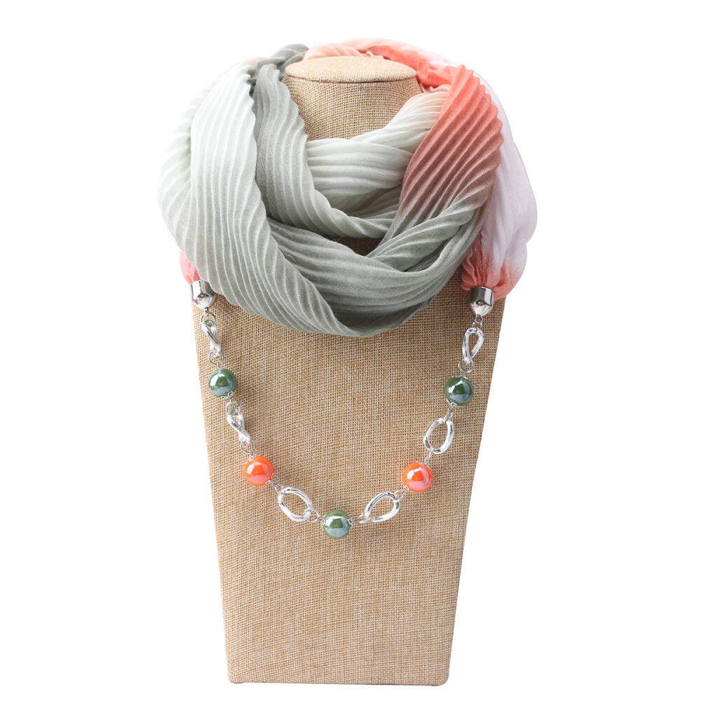 Stylish Cotton Linen Infinity Scarf with Beaded Chain Necklace – Women’s Gradient Color Scarf for Boho & Casual Fashion