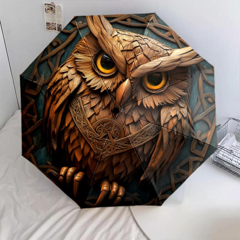 

Retro Owl pattern, automatic folding umbrella, portable and foldable design, 8 ribs, a Christmas or birthday gift.