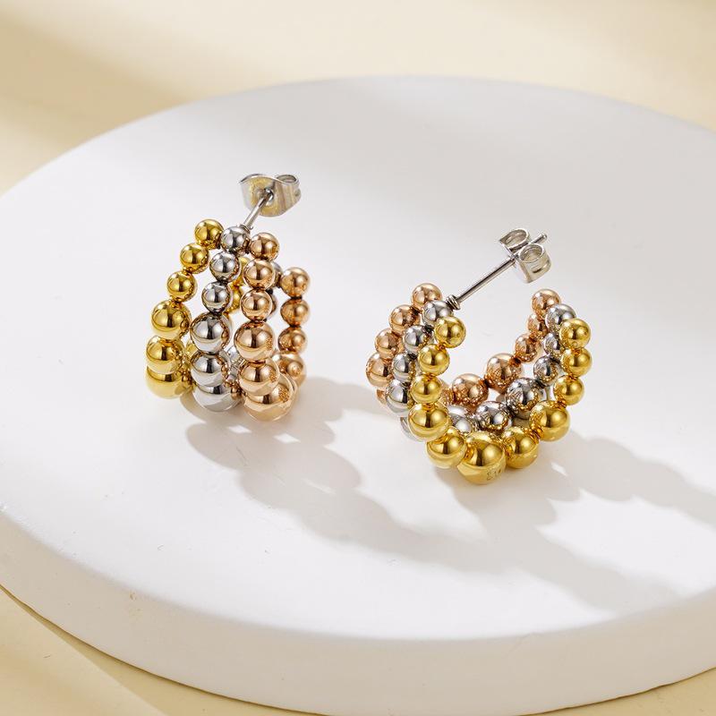 Luxury 18K Gold C-Shaped Earrings: European & American Influencer Style with Round Bead Design for Women
