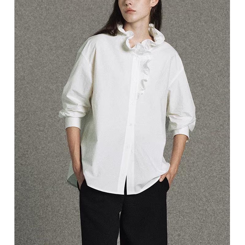 Elegant French Wood Ear Collar White Cotton Long Sleeve Women's Shirt - 2026 Early Spring Collection