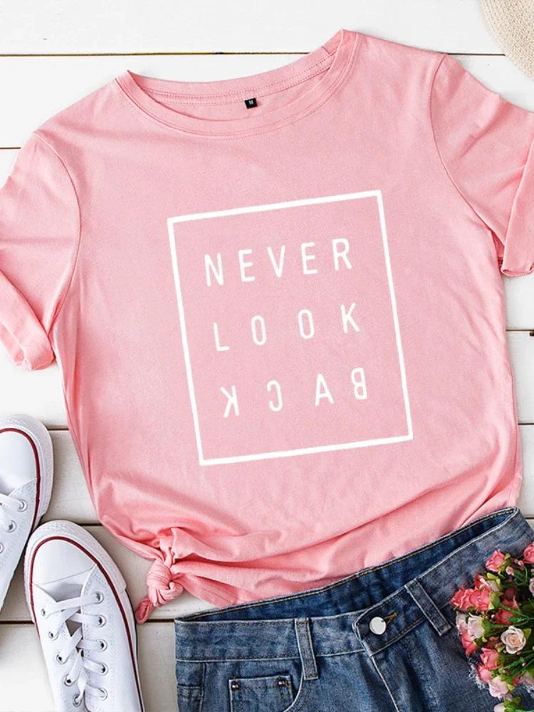 NEVER LOOK BACK Letter Print T Shirt Women Short Sleeve O Neck Loose Tshirt Summer Women Tee Shirt Tops Camisetas Mujer