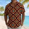 Men's Diamond Plaid Floral Print Short Sleeve Shirt, Spring Summer Casual Vacation Turn-Down Collar Blouse, Loose Fit Top