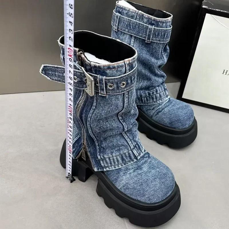 Fashion Women Cowboy Mid-calf Boots Zipper Platform Mid Heels Designer Shoes Winter New Motorcycle Boots 2025