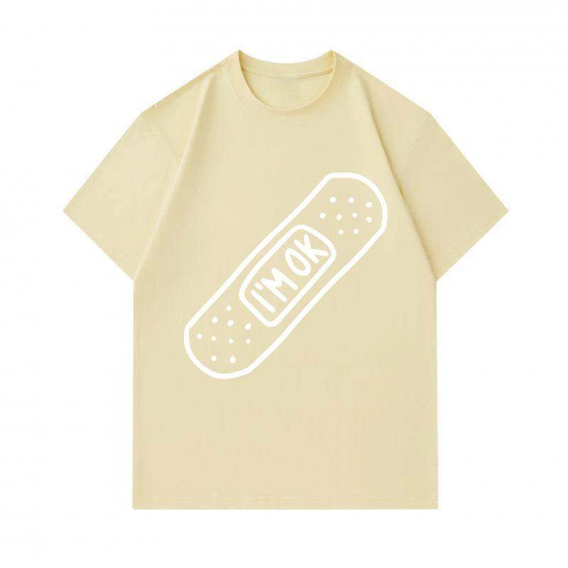 Men's 100% Cotton Crew Neck Short Sleeve T-Shirt, Casual I'm OK Bandage Printed Soft Breathable Lightweight Tee, Comfortable Daily Wear Summer Top for