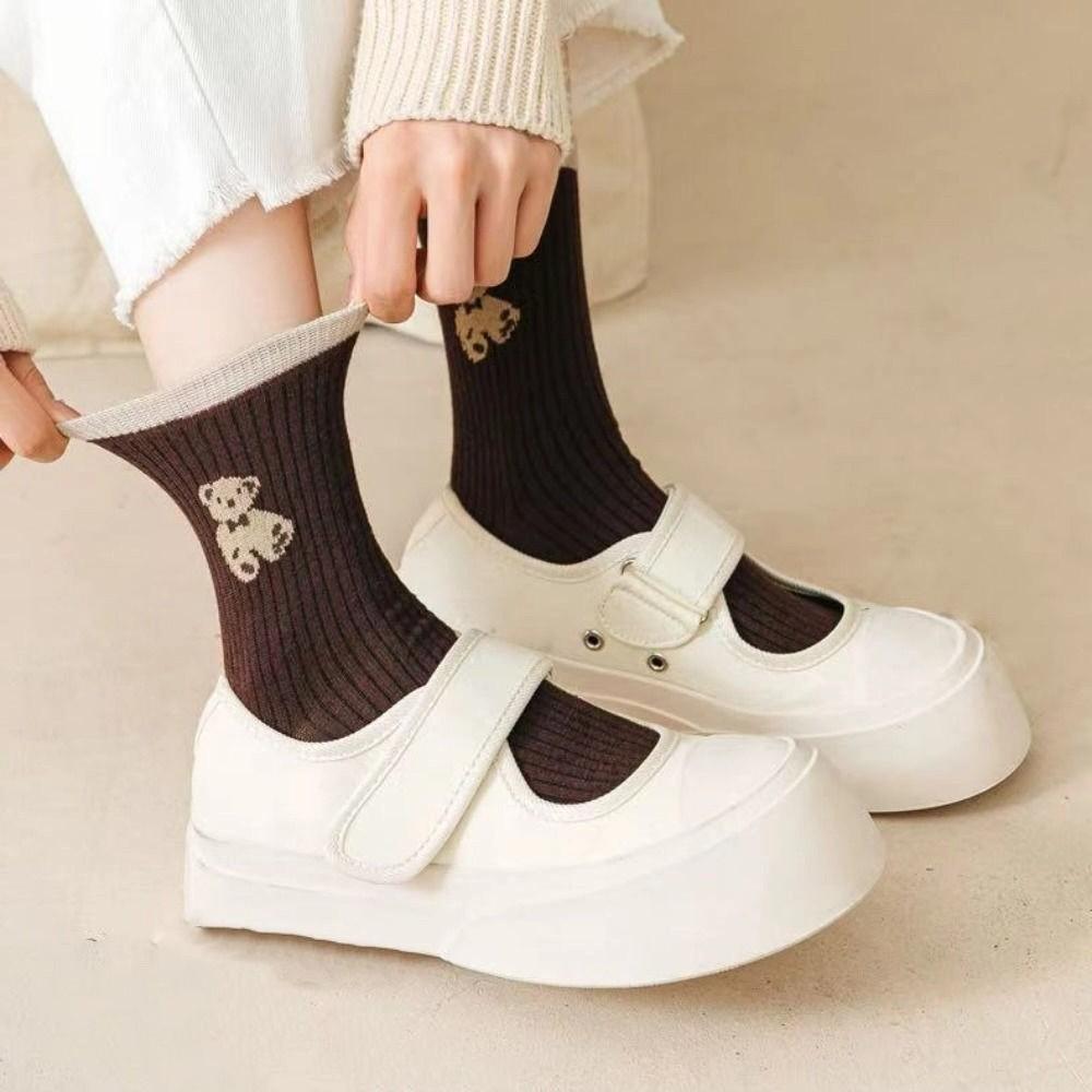 10Pairs Stripe Cute Bear Socks Cartoon Mid-Calf Socks Ins Tube Socks Women Women