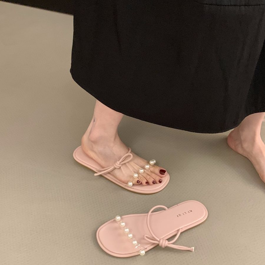 Flat-bottomed French small sandals transparent belt slippers fairy shoes 2025 new summer outer wear pearl sandals