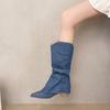 Fashion Pointed Denim Single Boots Women's Four Seasons Sleeve Non-Slip Wear-Resistant Square Heel Mid-Cone Boots