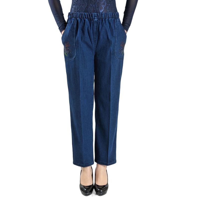 Middle-aged and Elderly Jeans Spring Straight High Waist Elastic Loose Jeans Women