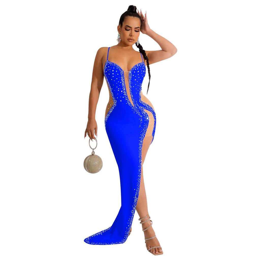 Women's Fashion Solid Color V-Neck Sleeveless Long Dress with Hot Drilling