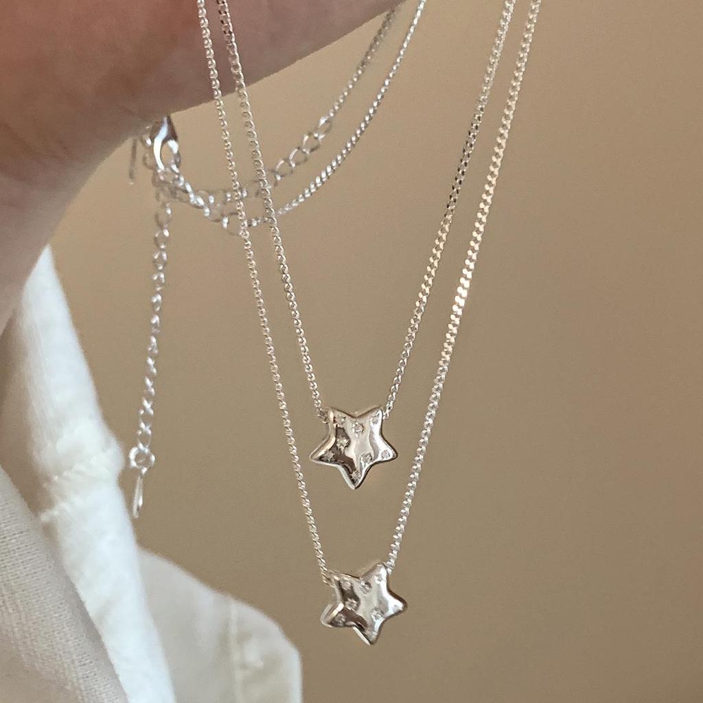 Korean S925 Sterling Silver Star Necklace with Diamond Inlay – Minimalist Clavicle Chain for Women