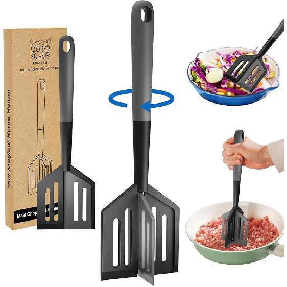 Измельчитель мяса, термостойкий толкушка для мяса для гамбургеров, измельчитель фарша, антипригарный миксер-измельчитель, инструмент-толкушка для картофеля 2-в-1, поворотный Gray & Black