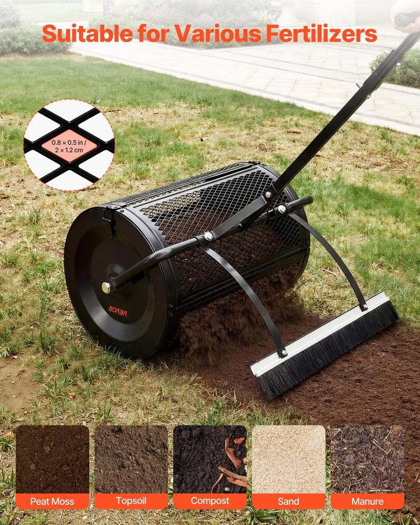 Rozsiewacz Kompostu, 61 cm Szerokości Rozsiewacz Torfu z Rączką Pchającą/Ciągnącą i Szczotką, 4 Regulowane Wysokości, Stalowy Malowany Proszkowo Ogródkowy Wałek do Torfu, Ciężki