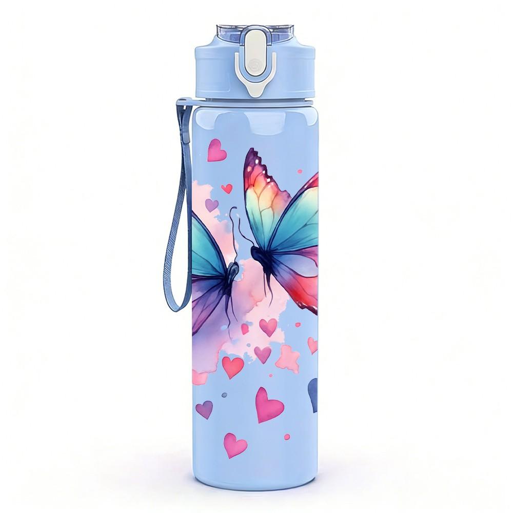 1PC Colorful Butterfly Wing Art Print 750ml Color Plastic Sports Water Bottle Leakproof Flip Straw Lid Suitable for Sports Office Home Use
