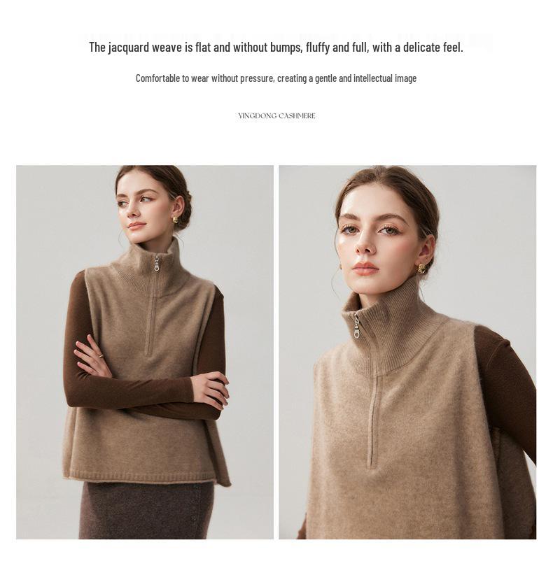 Women's High Neck Cashmere Knit Vest, Half Zip & Sleeveless, Versatile Autumn/Winter Sweater, Cardigan, Shawl Cape.