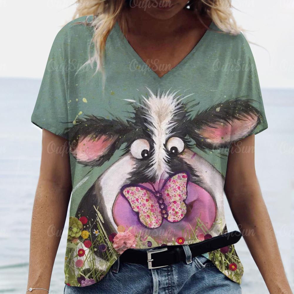 Sommer T-skjorte for kvinner Y2k-stil kortermede topper Anime Cow Print Dameklær Dame Løs bluse V-hals Mote Streetwear