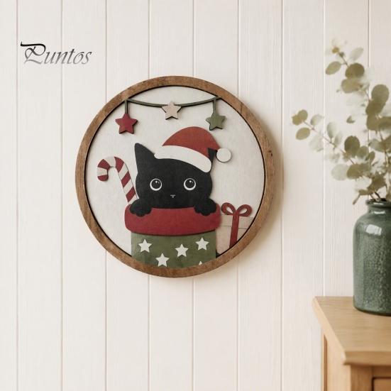 Modern Home Art Christmas Black Cat Wall Decor, Layered Wooden Hanging Sign, Round 2D Entryway Decor Flat Decoration for Living Room Bedroom And Hall
