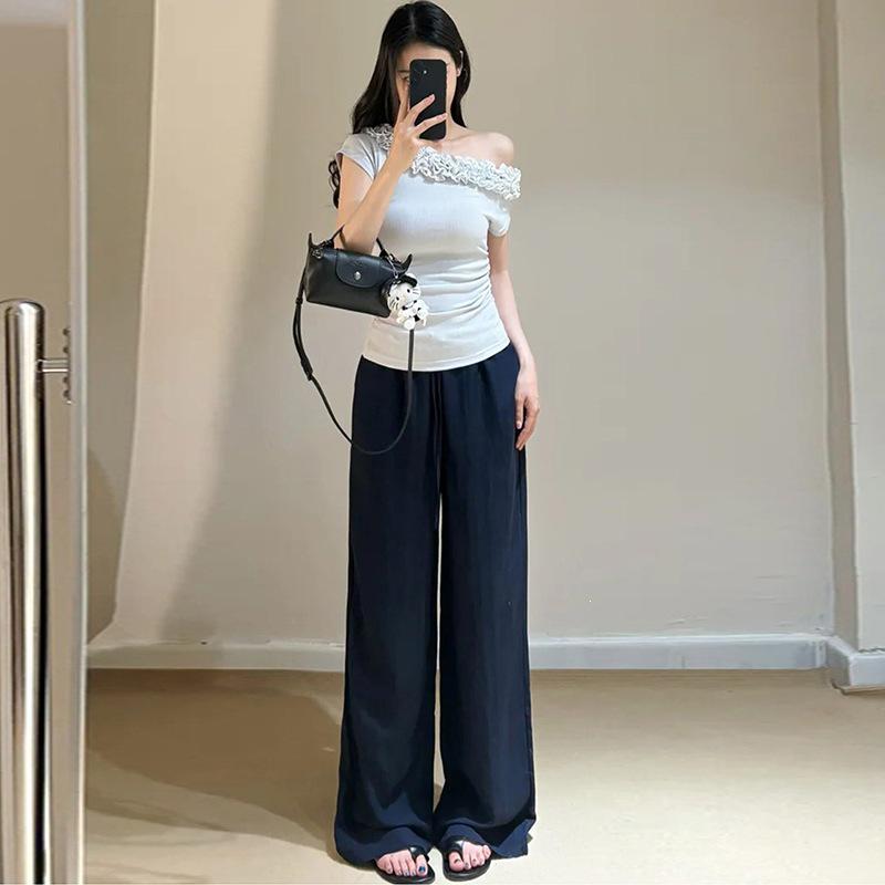 High-Waisted Maternity Linen Wide-Leg Pants - Ice Silk, Sun-Protective, Cotton Blend L