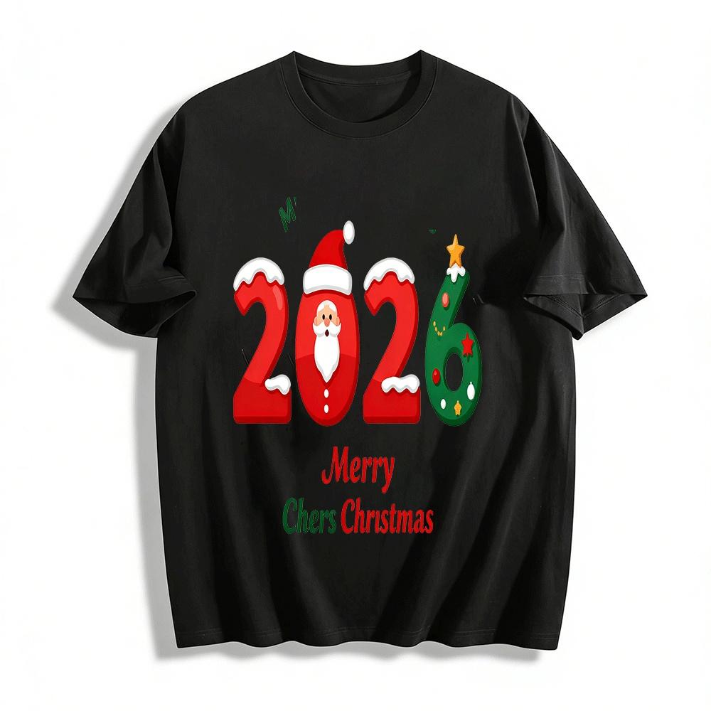 2026 Christmas Themed Print Top Festive Vibe Casual Pullover Pure cotton T-shirt XXS