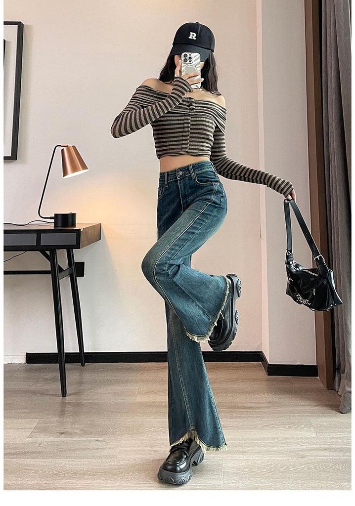Women's High Waist Slimming Velvet Tassel Flare Jeans with Split Hem - 2025 Autumn/Winter Collection