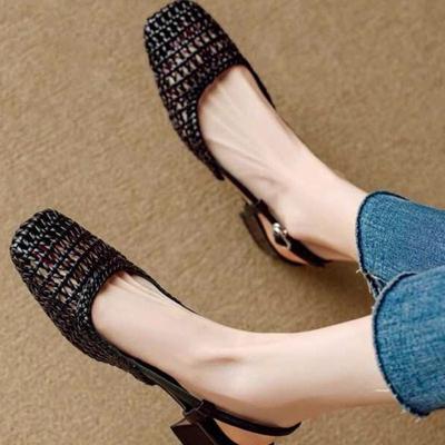 French Shallow Women's Sandals Summer New Mesh Hole Office Career Shoes Hollow Buckle Strap Roman  Mid Thick Heel  Sandalias