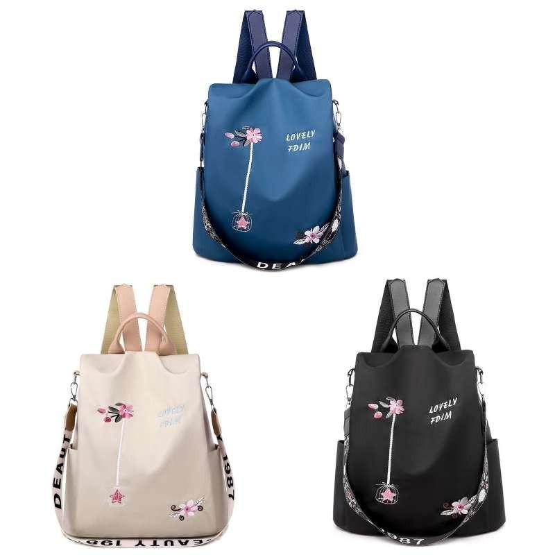 Floral Embroidered Double Backpack Large Capacity Women's Bag Oxford Fabric Blue Black Khaki