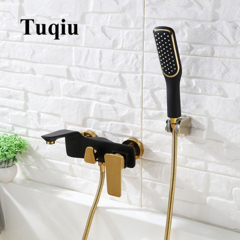 Tuqiu Bathtub Shower Set Wall Mounted Gold and White Bathtub Faucet, Bathroom Cold and Hot Bath and Shower Mixer Taps Brass