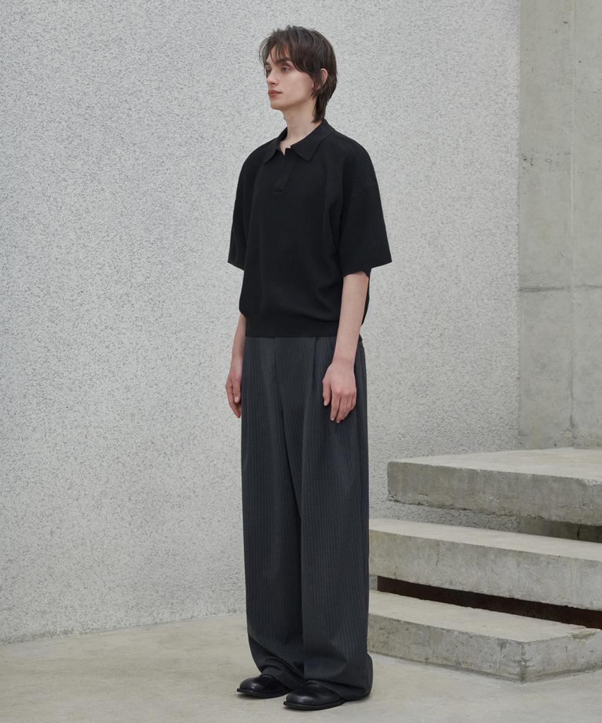 GLW Double-Pleat Wide Striped Slacks Charcoal